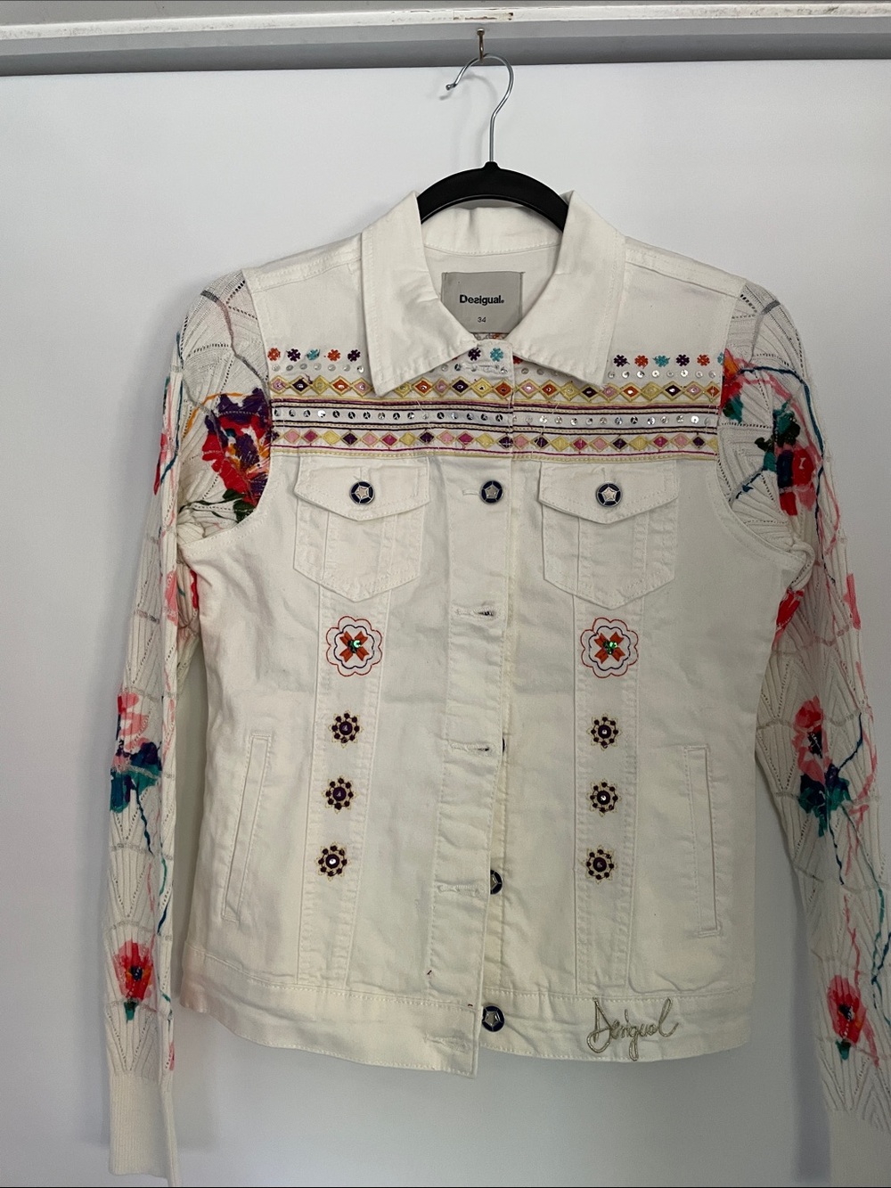 Desigual White Embroidered Jean Jacket with Multicolor Floral Sleeves NWOT 34